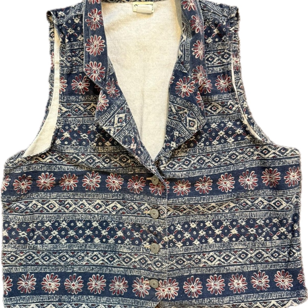 Vintage Vivaldi Aztec floral patterned denim-like vest.